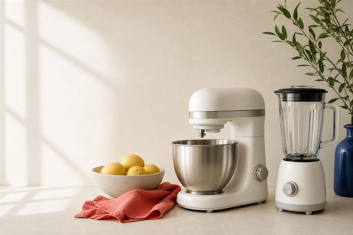 Köksmaskin och mixer på en köksbänk med citroner