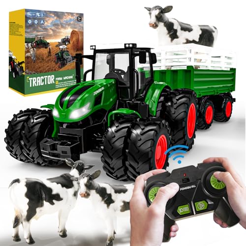 Remote-Control Tractor with Trailer, Lights & Cow — Christmas Gift for ...